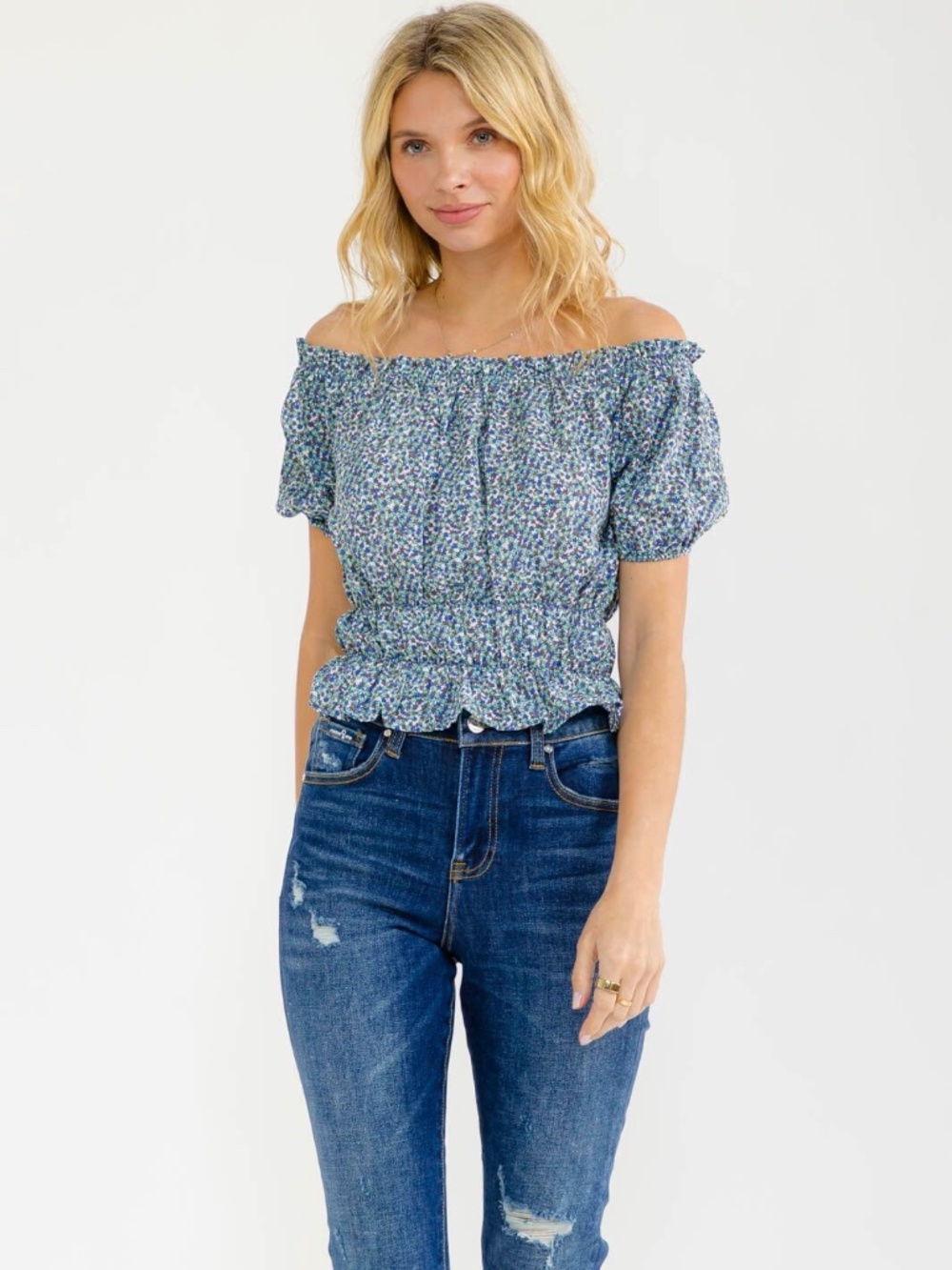 "Lilou" Women's Short Puff Sleeve Open Back Floral Crop Top